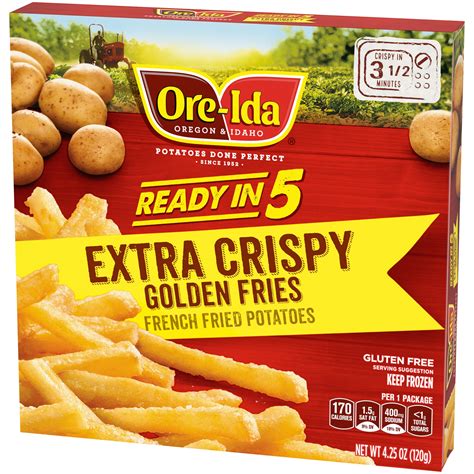 Ore ida fries - There are 120 calories in 8 pieces (84 g) of Ore-Ida Golden Waffle Fries. Calorie breakdown: 47% fat, 49% carbs, 4% protein. Related French Fries from Ore-Ida: Sweet Potato Crinkle Cut Fries: Sweet Potato Steak Fries: Sweet …